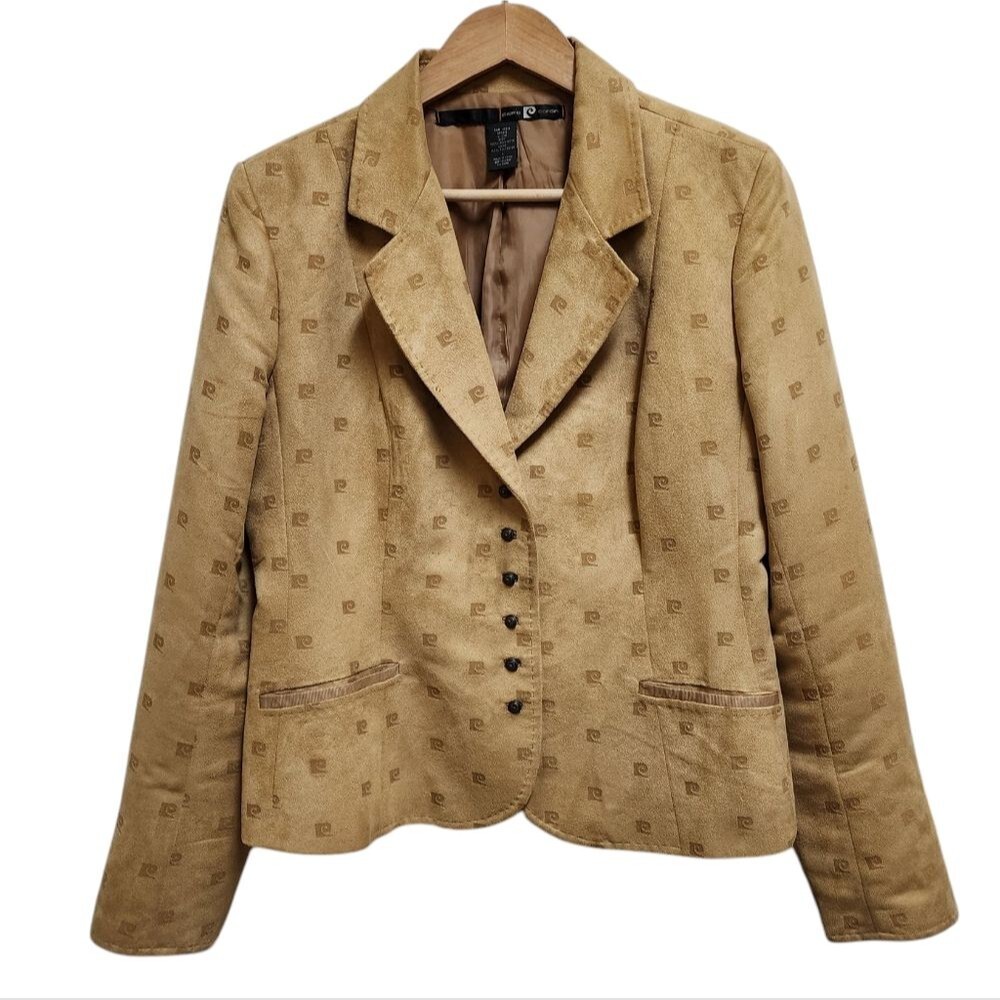 Pierre Cardin Blazer Women L Tan Faux Suede Logo Button Lined Pockets Vintage